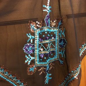 Dark Brown Sheer Scarf with Hand-sewn Beading